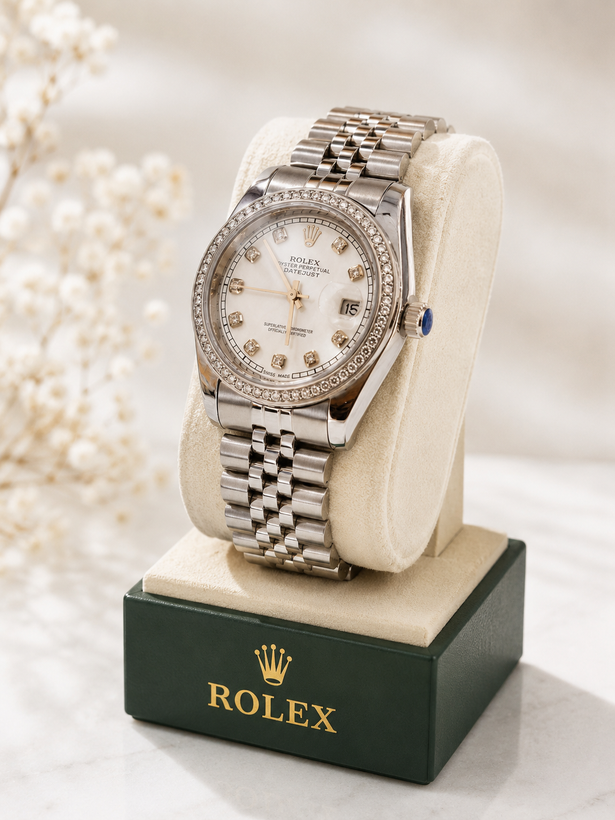 ساعت مچی رولکس ROLEX دور نگین جنس اصلی بند استیل
