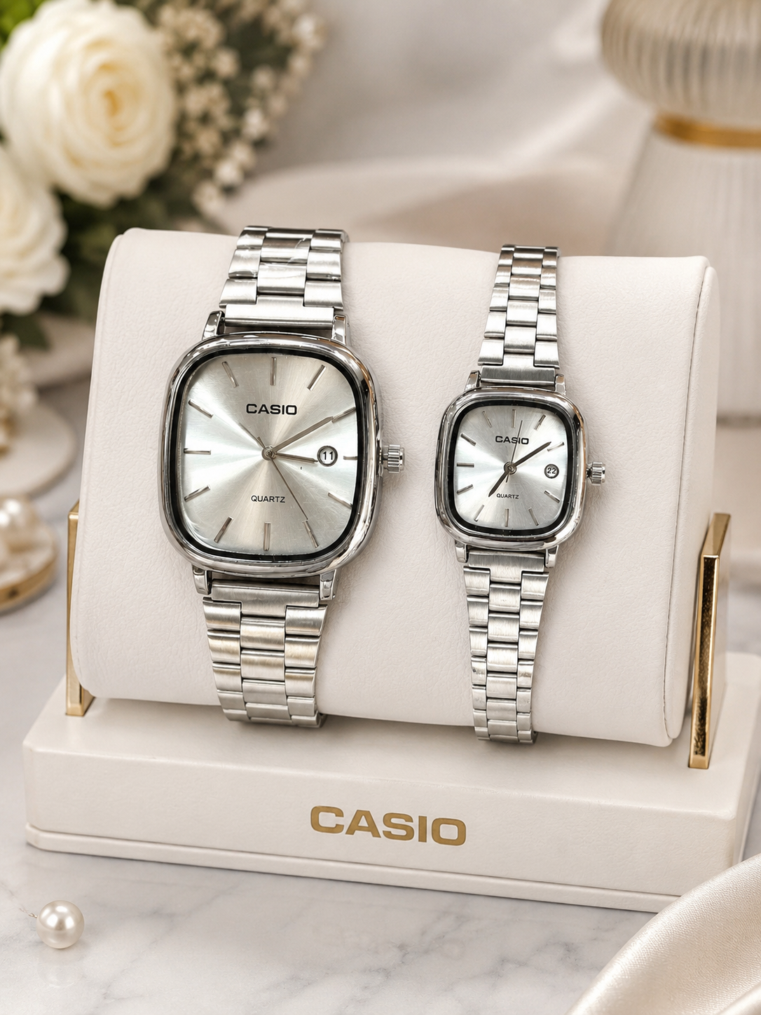 ساعت مچی ست زنانه و مردانه کاسیو CASIO الدمانی مربع بند استیل